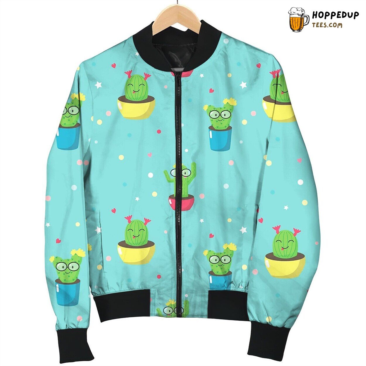 Seamless Pattern With Cute Cartoon Cactuses Bomber Jacket