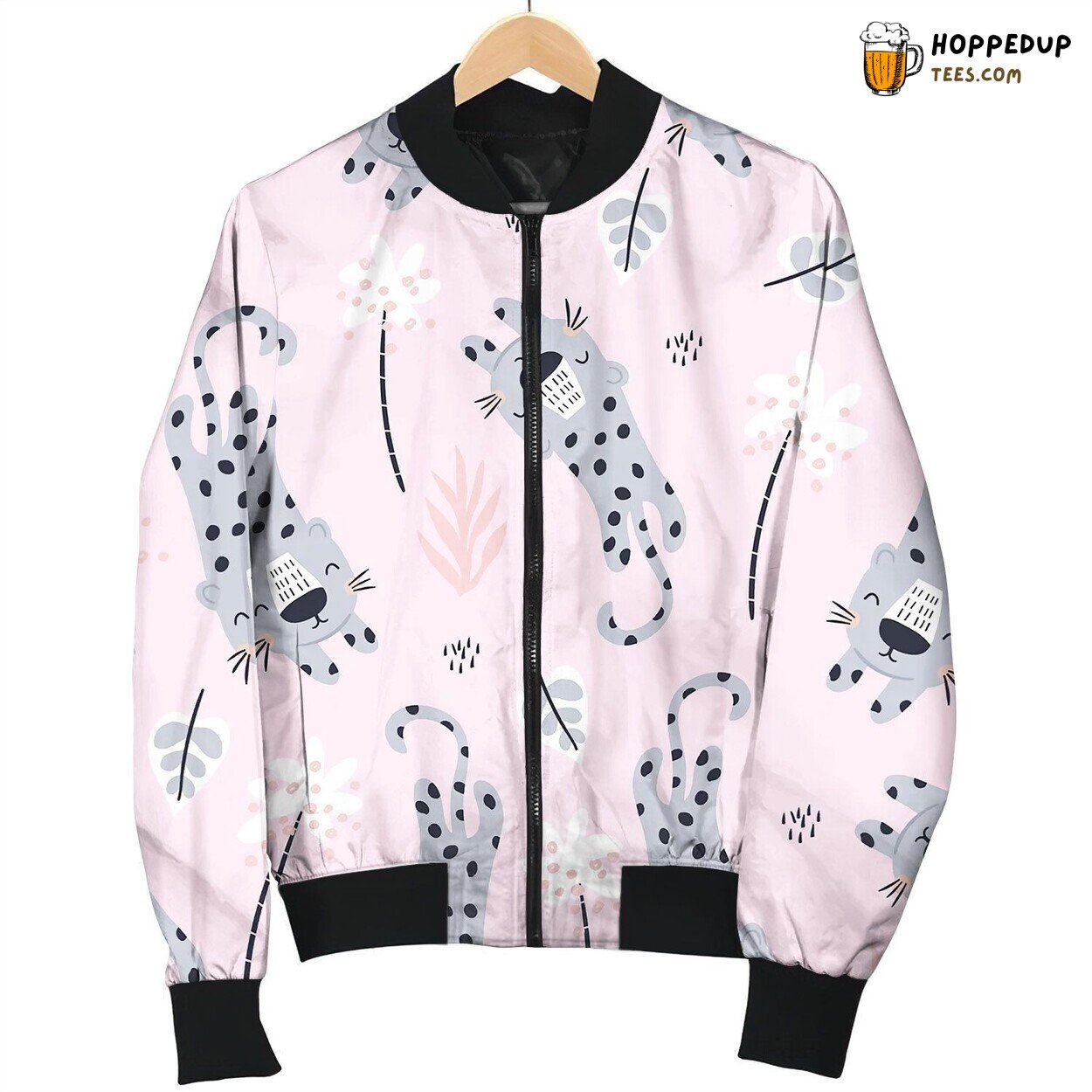 Seamless Pattern With Cute Leopards And Tropical Bomber Jacket