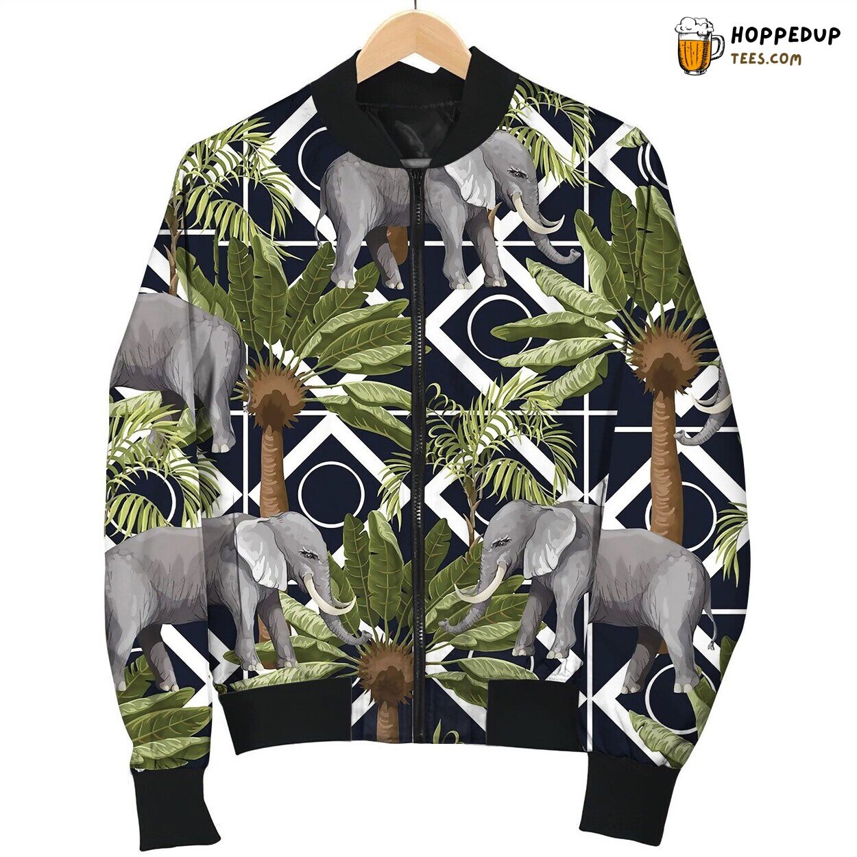 Seamless Pattern With Elephants And Tropical Trees Bomber Jacket