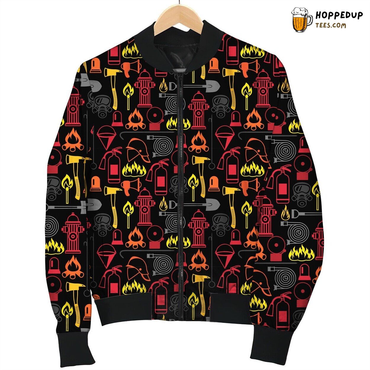 Seamless Pattern With Firefighting Items Fire Vector Bomber Jacket