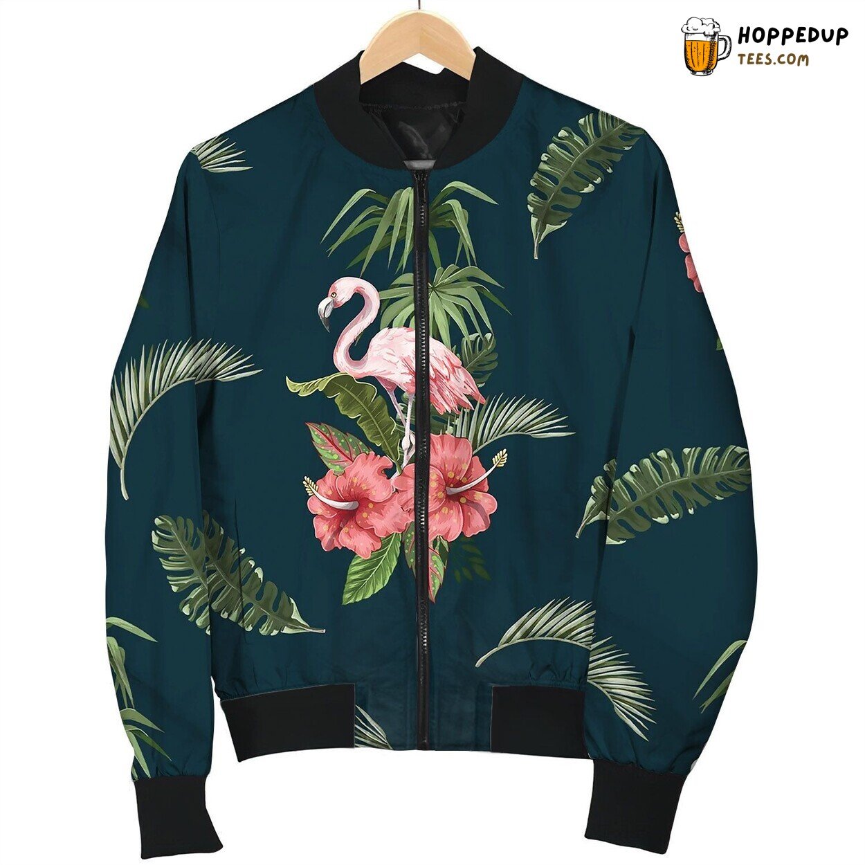 Seamless Pattern With Flamingo And Tropical Leaves Bomber Jacket