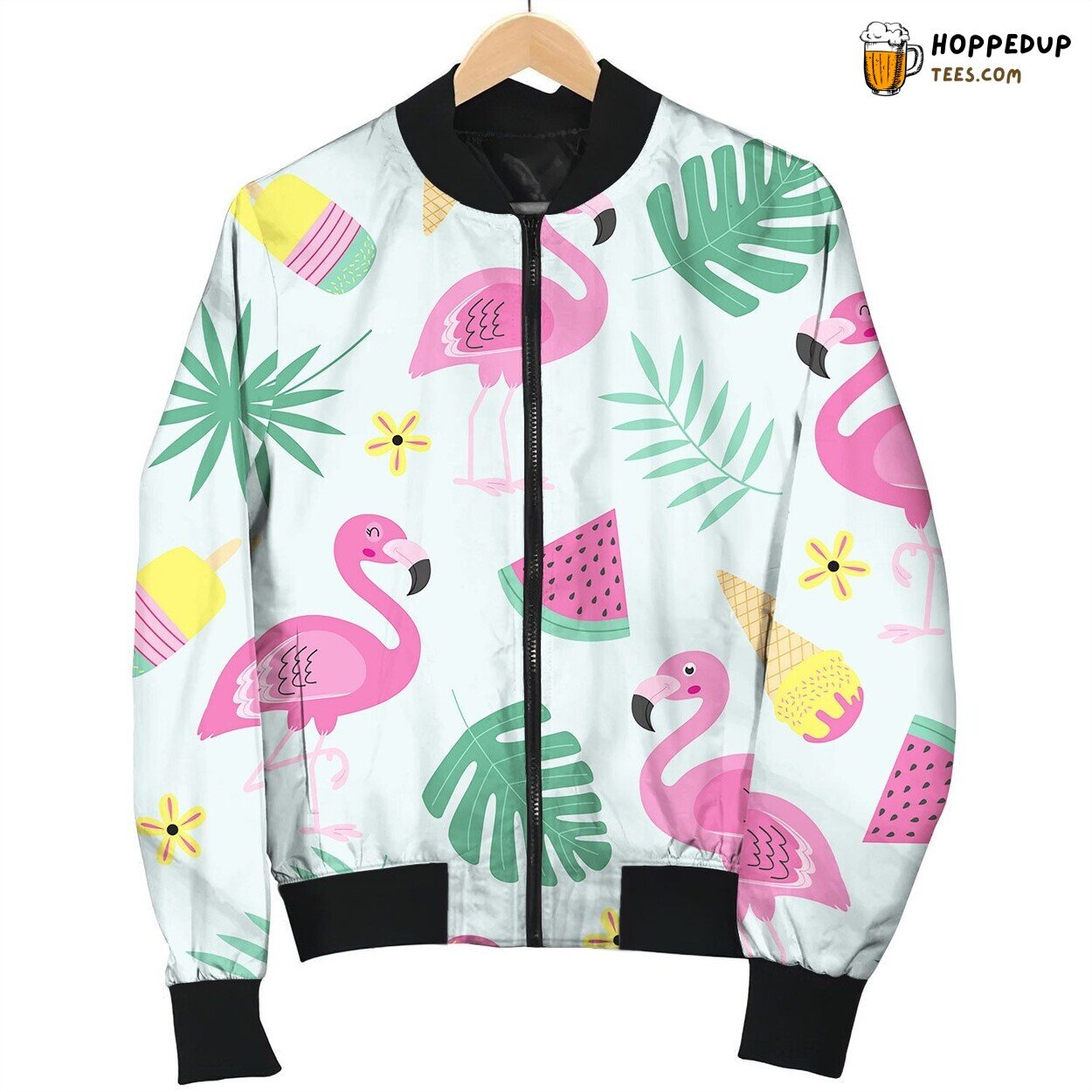 Seamless Pattern With Flamingo Ice Cream Fruit Bomber Jacket
