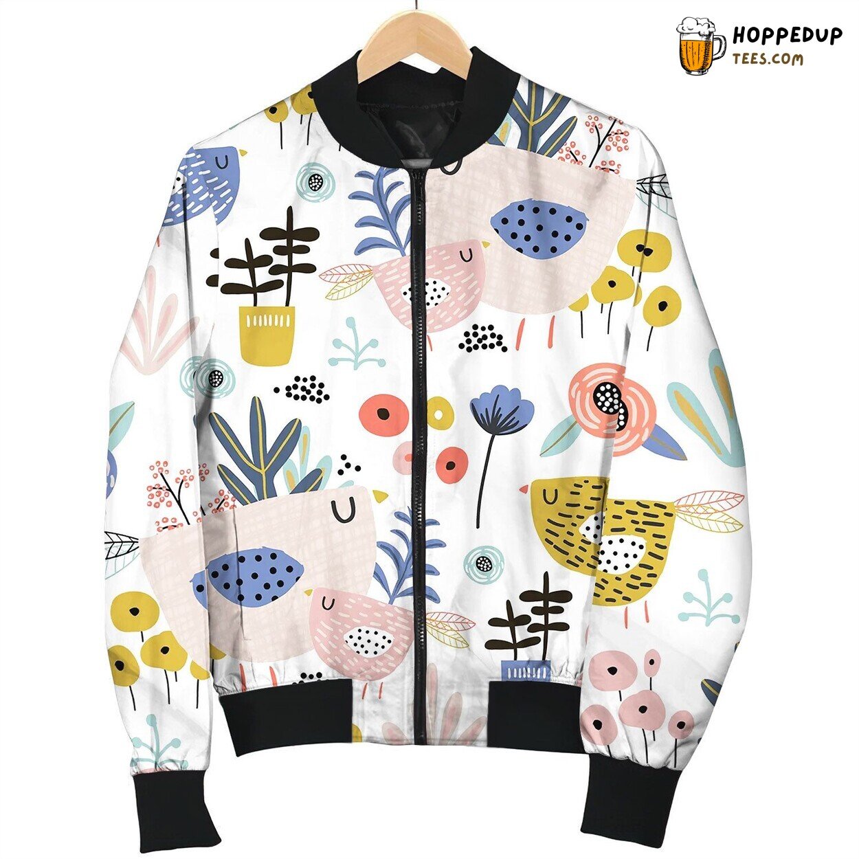 Seamless Pattern With Flowers Birds Leaves Bomber Jacket