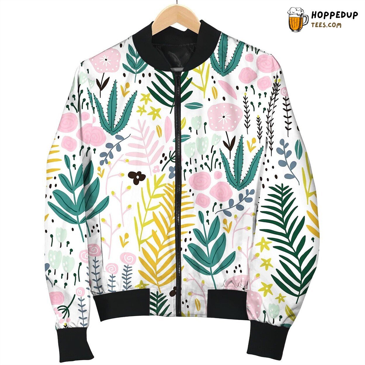 Seamless Pattern With Flowers Branch Leaves Bomber Jacket