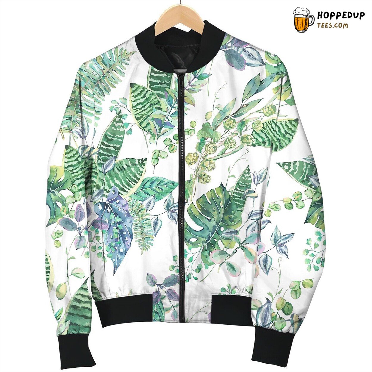 Seamless Pattern With Green Exotic Leaves Bomber Jacket