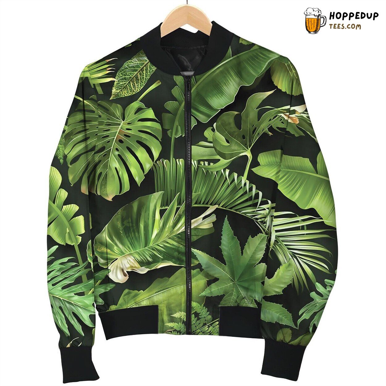 Seamless Pattern With Green Tropical Leaves Bomber Jacket
