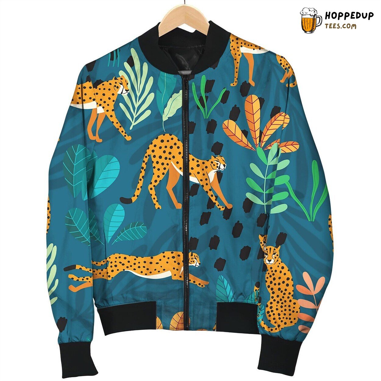 Seamless Pattern With Hand Drawn Exotic Big Cat Bomber Jacket