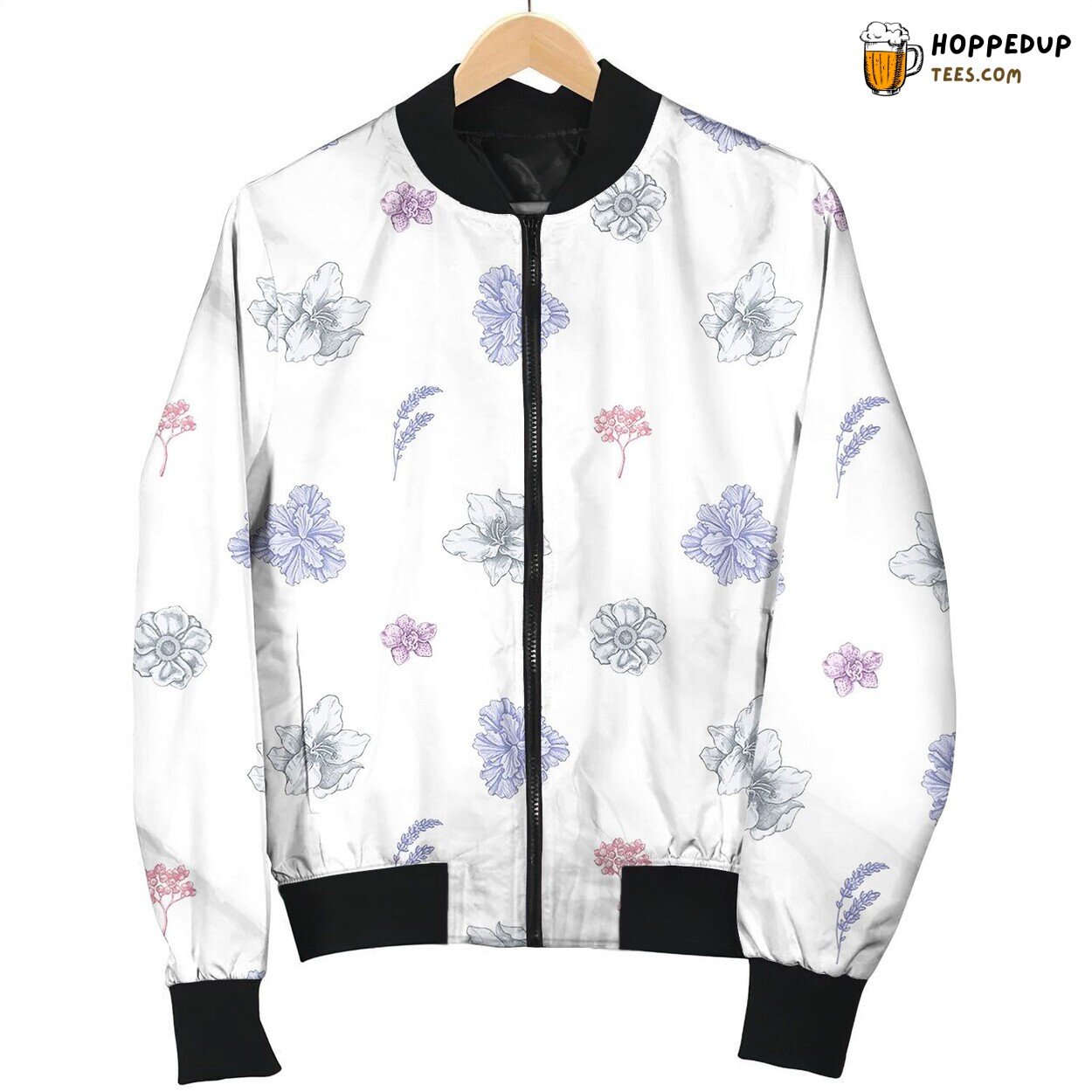 Seamless Pattern With Hand Drawn Pastel Anemone Bomber Jacket