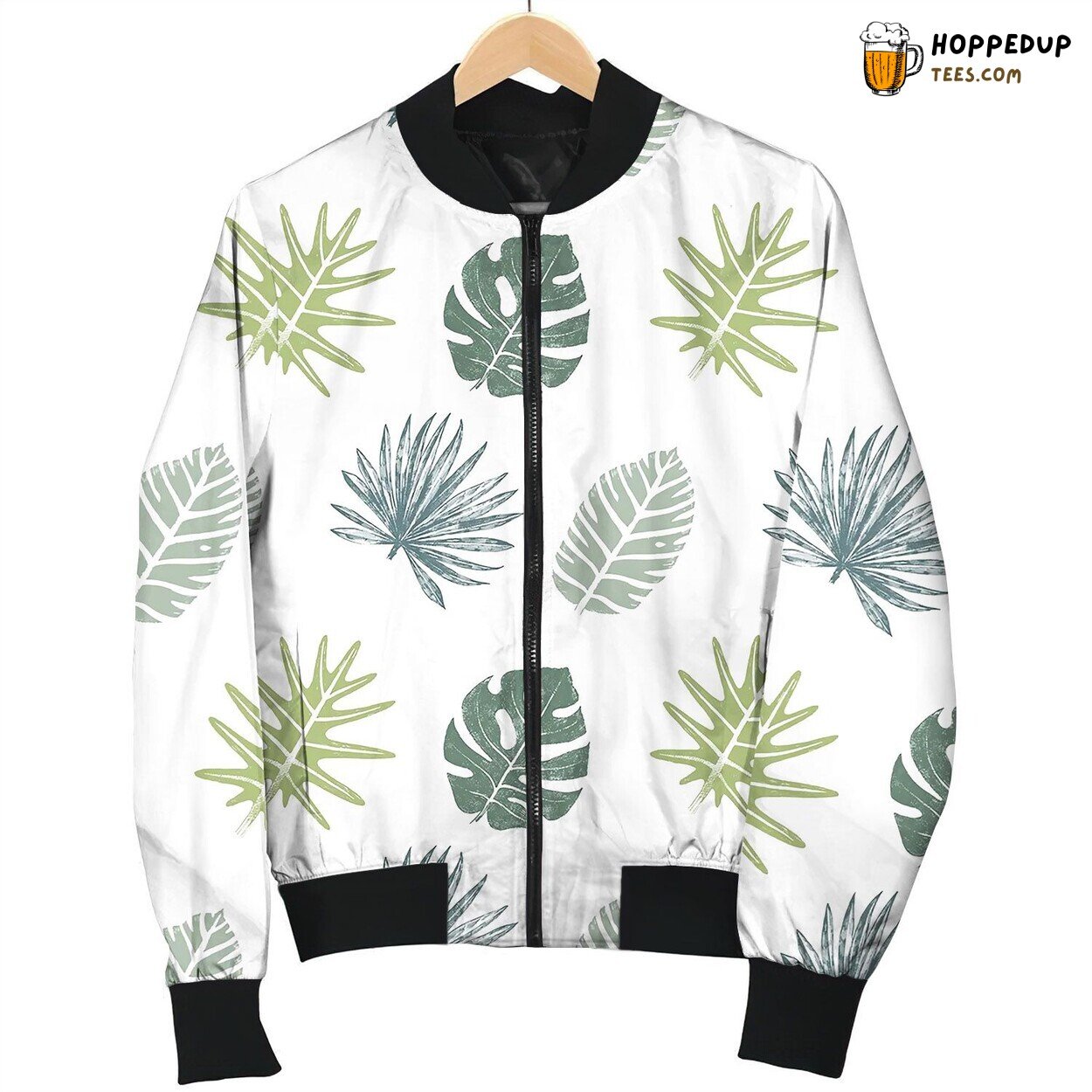 Seamless Pattern With Hand Drawn Tropical Leaves Love Bomber Jacket