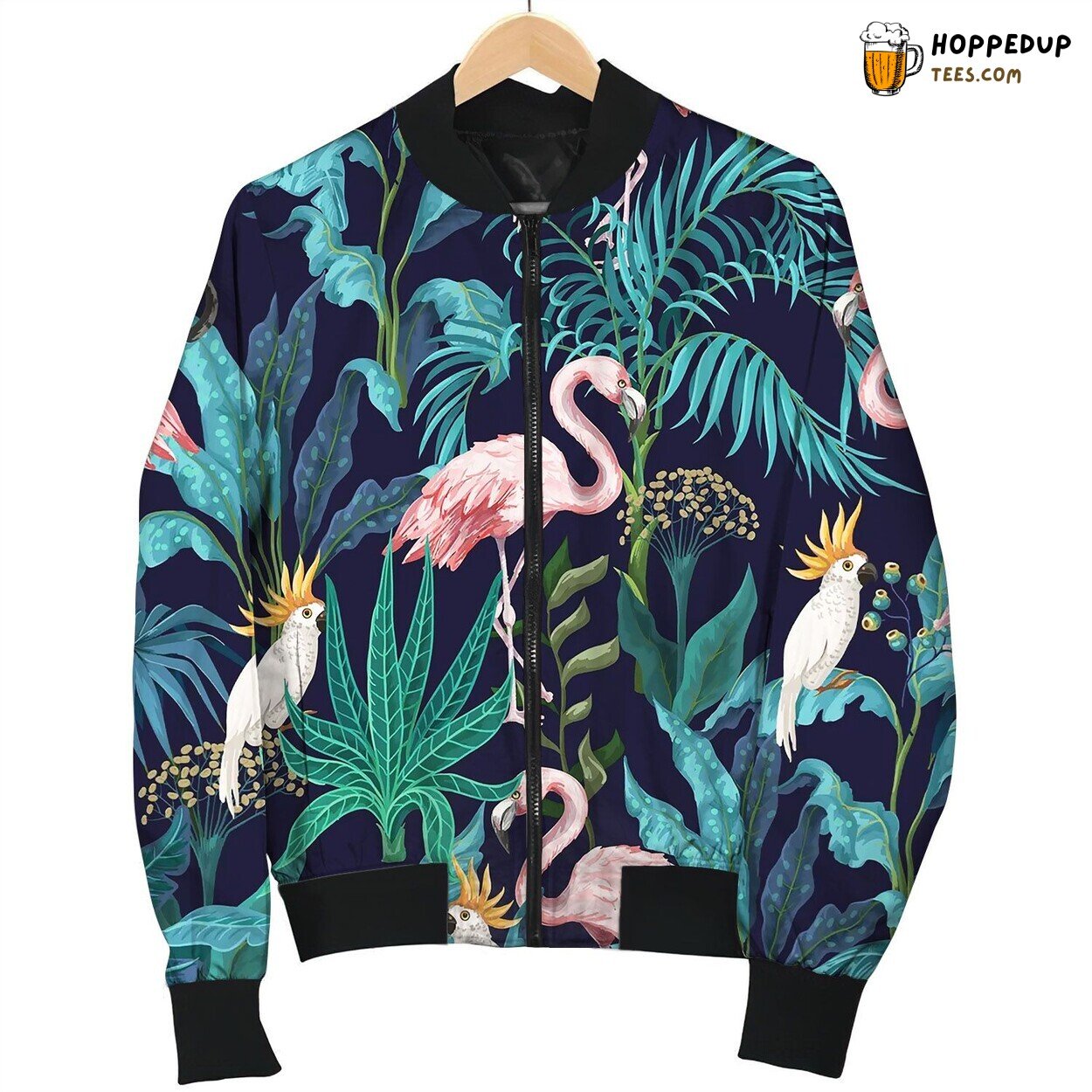 Seamless Pattern With Jungle Trees Flamingo Bomber Jacket