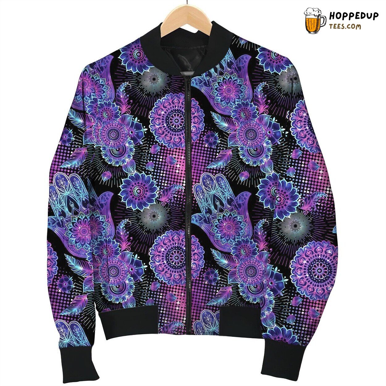 Seamless Pattern With Ornate Hand Drawn Hamsa Bomber Jacket