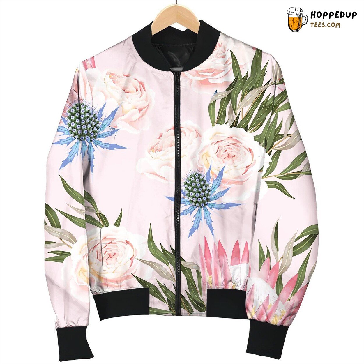 Seamless Pattern With Protea And Roses Bomber Jacket