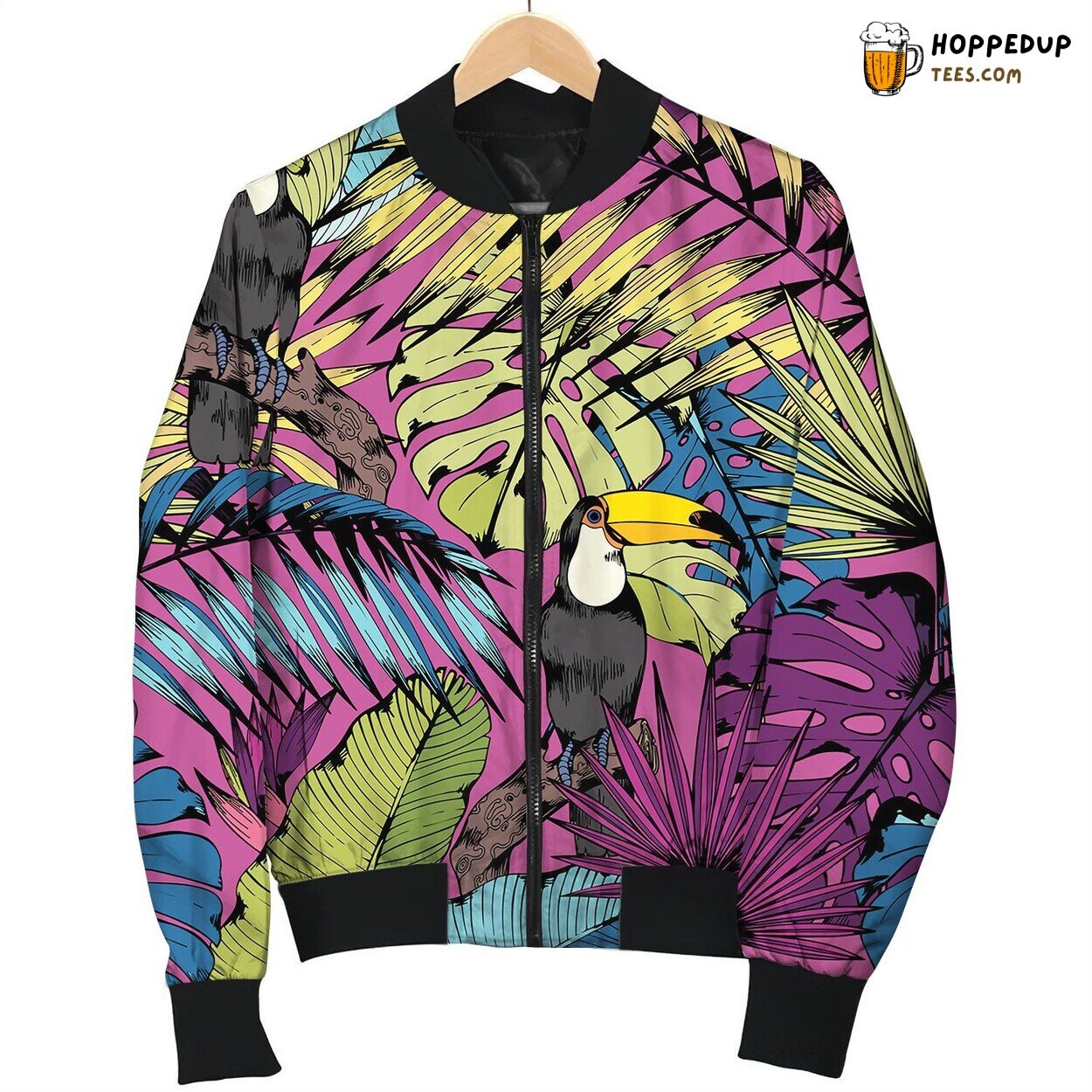 Seamless Pattern With Tropical Branches Leaves Bomber Jacket