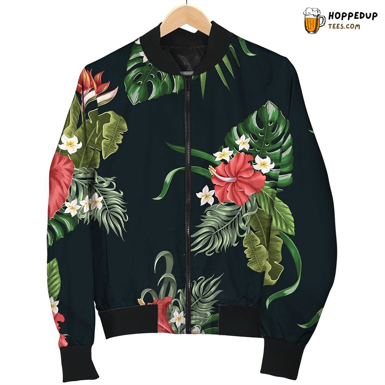 Seamless Pattern With Tropical Flowers And Leaves Bomber Jacket