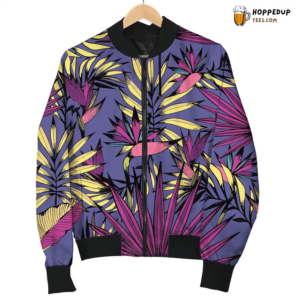 Seamless Pattern With Tropical Flowers Leaves Bomber Jacket