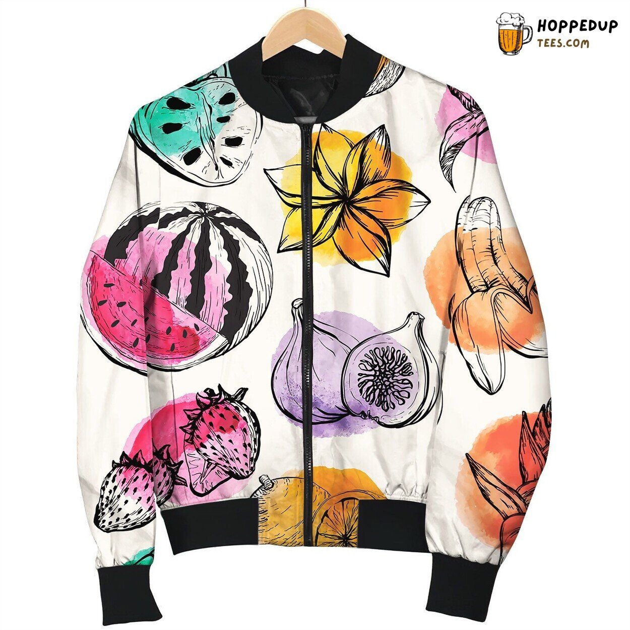Seamless Pattern With Tropical Flowersand Fruit Bomber Jacket