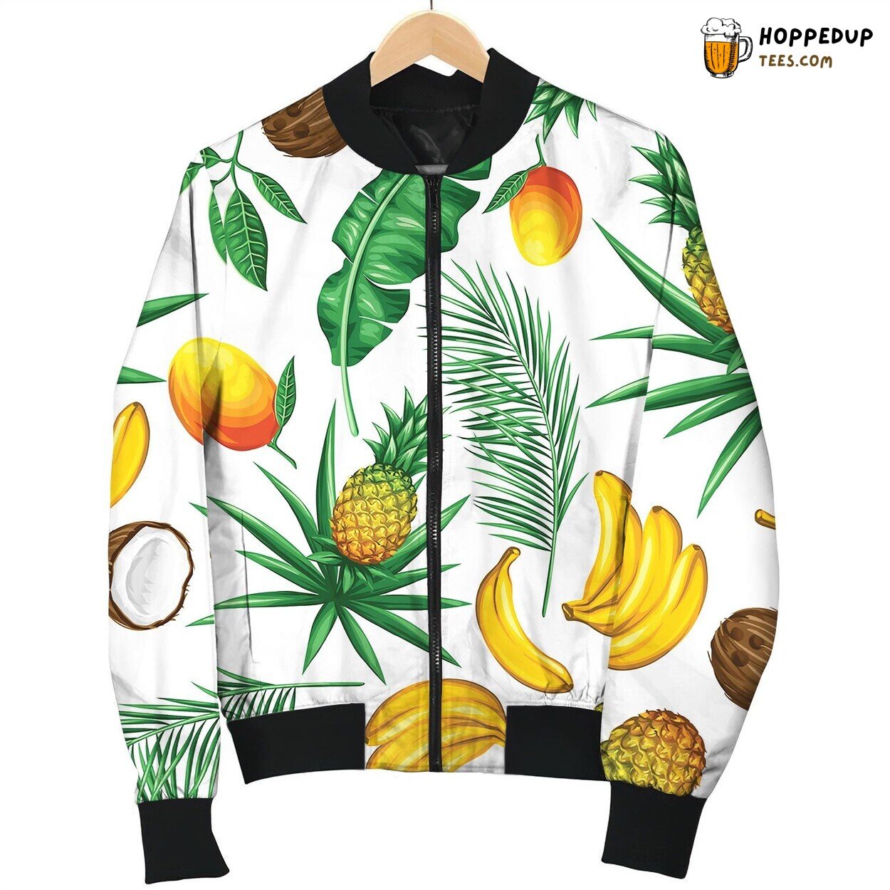 Seamless Pattern With Tropical Fruits And Leaves Bomber Jacket