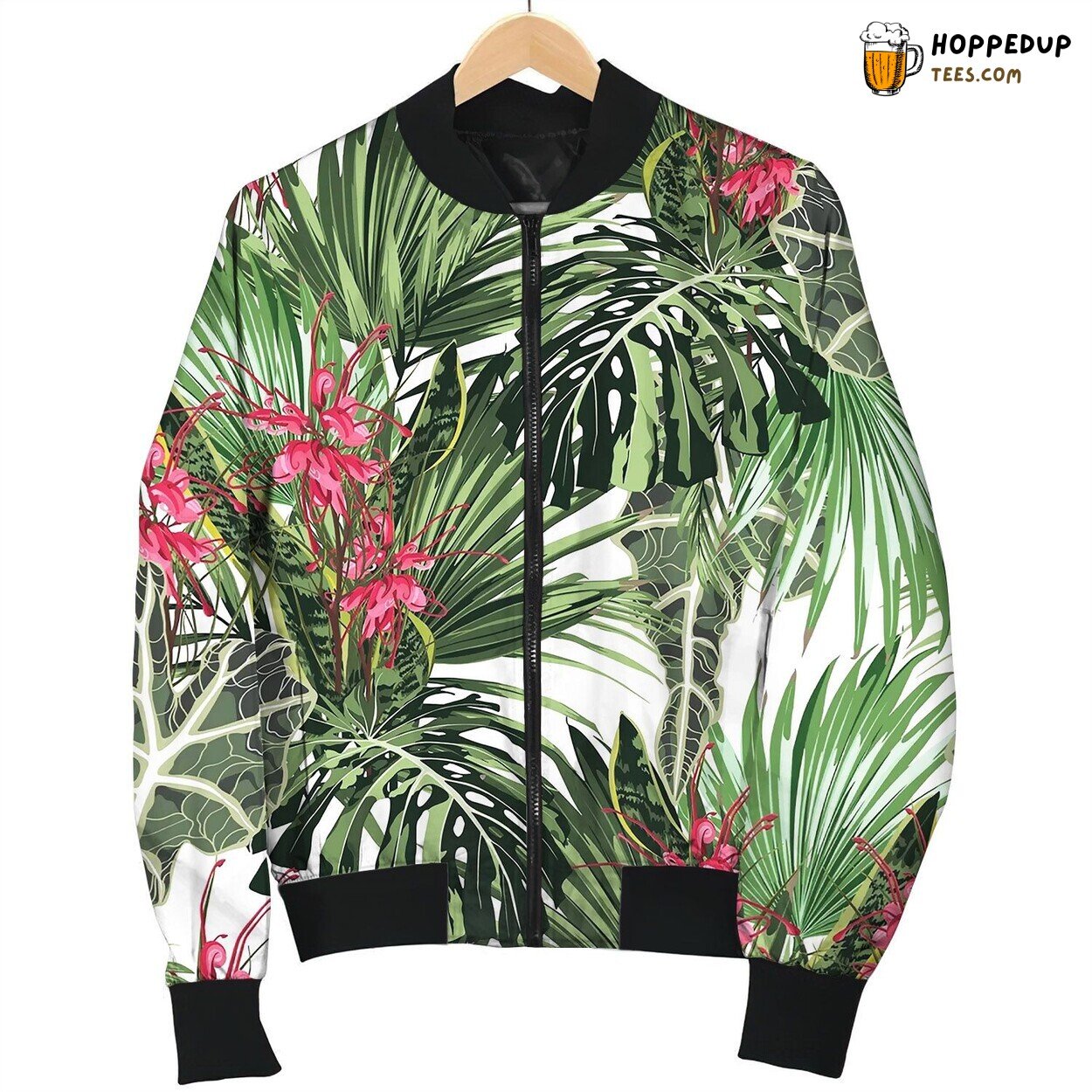 Seamless Pattern With Tropical Leaves And Paradise Bomber Jacket