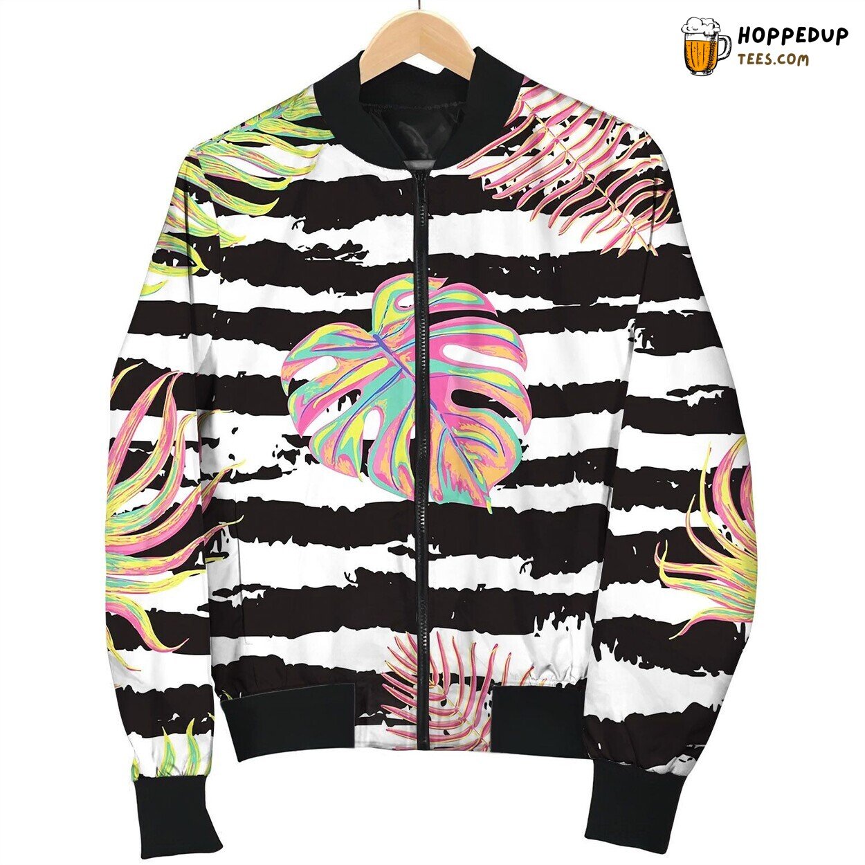 Seamless Pattern With Tropical Leaves On Black Bomber Jacket