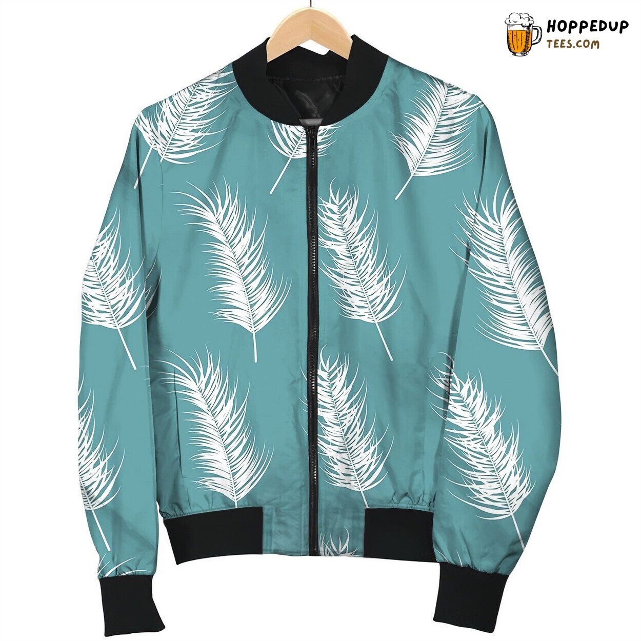 Seamless Pattern With Tropical Leaves On Blue Bomber Jacket