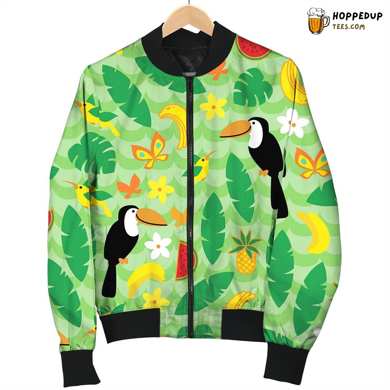 Seamless Pattern With Tropical Nature On Green Bomber Jacket