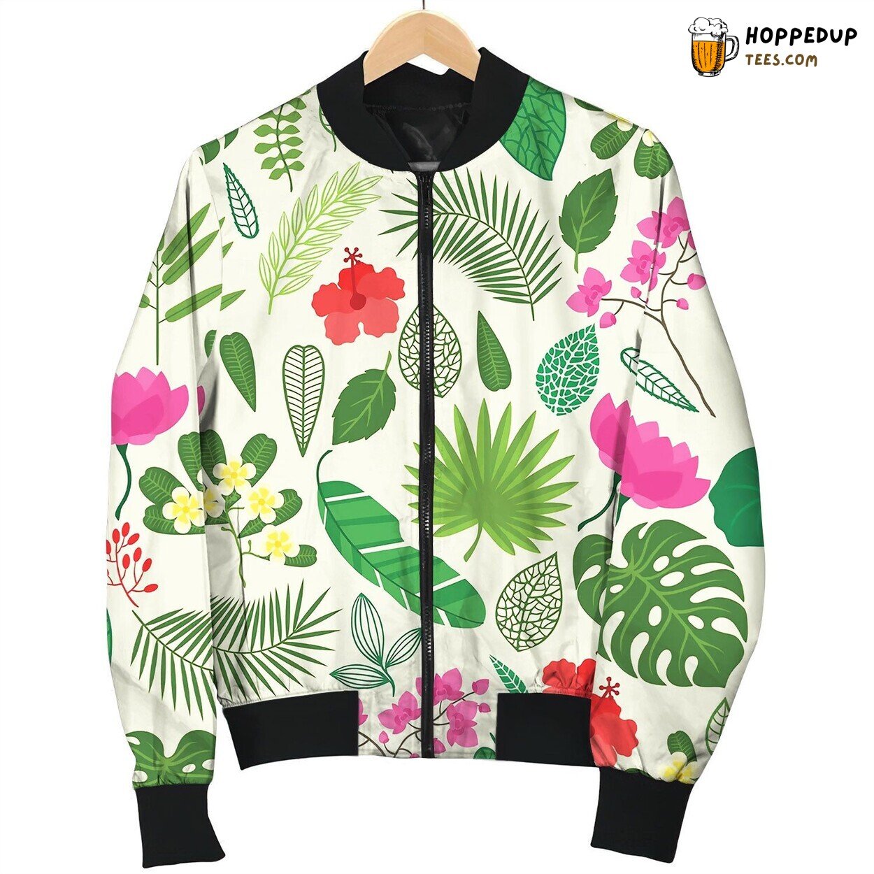 Seamless Pattern With Tropical Plants Leaves Bomber Jacket