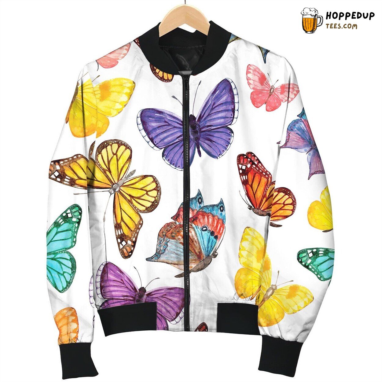Seamless Texture Colorful Flying Butterflies Watercolor Bomber Jacket