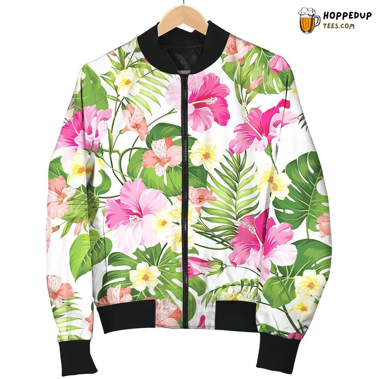 Seamless Tropical Flower Bomber Jacket