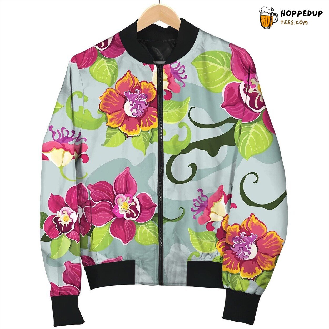 Seamless Tropical Flower Pattern Bomber Jacket