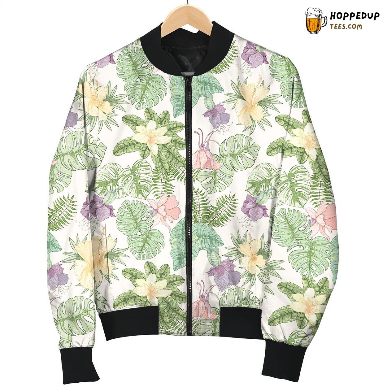 Seamless Tropical Palm Leaves And Flowers Pattern Bomber Jacket