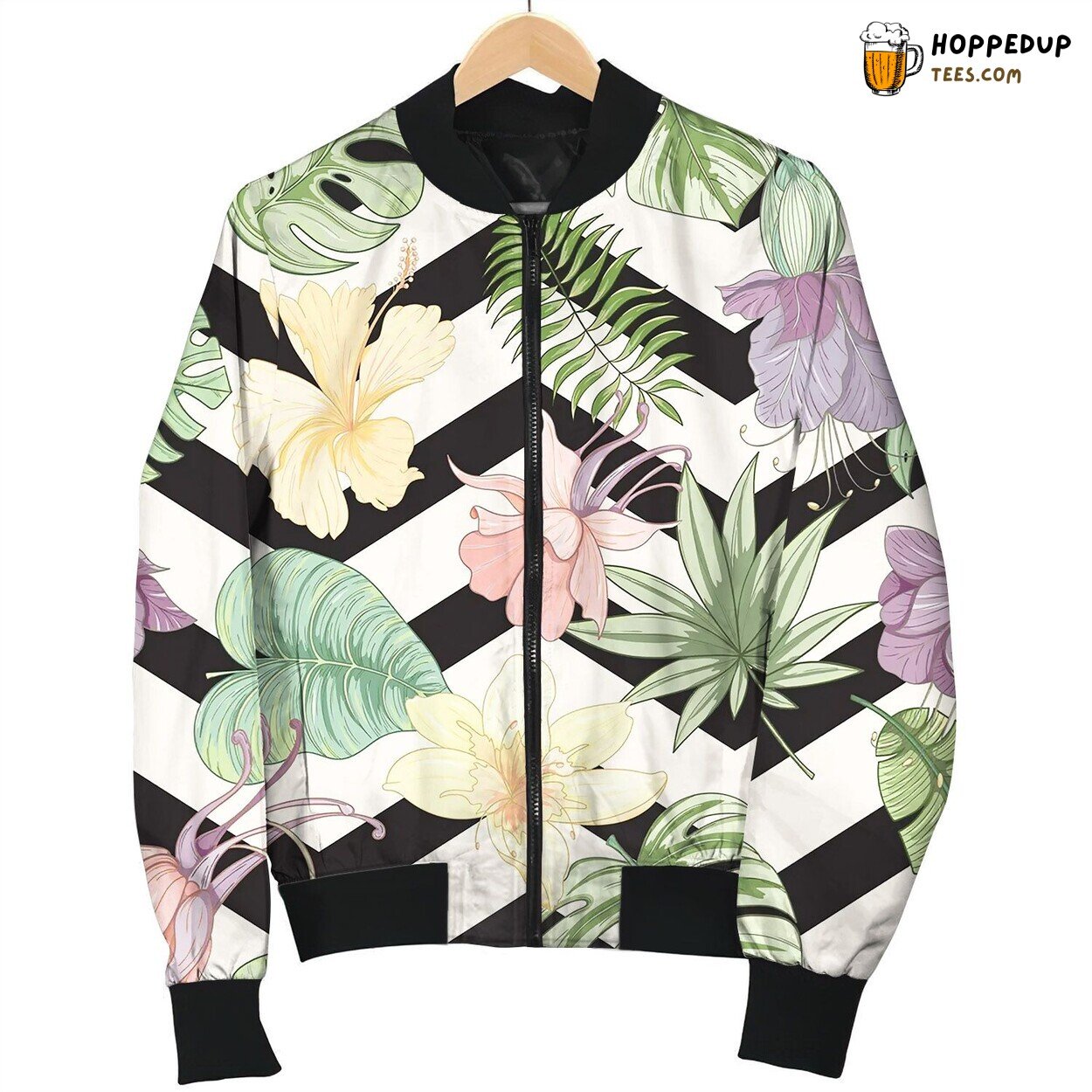 Seamless Tropical Palm Leaves And Flowers Pattern Love Bomber Jacket