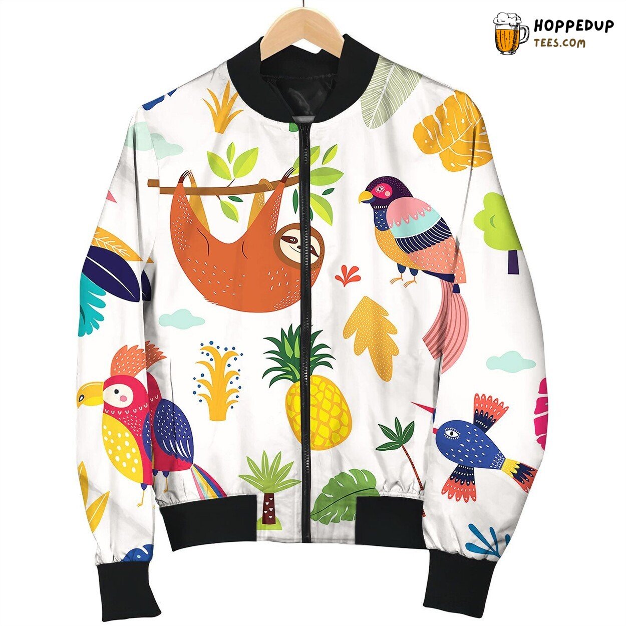 Seamless Tropical Pattern With Cute Sloth Parrots Bomber Jacket