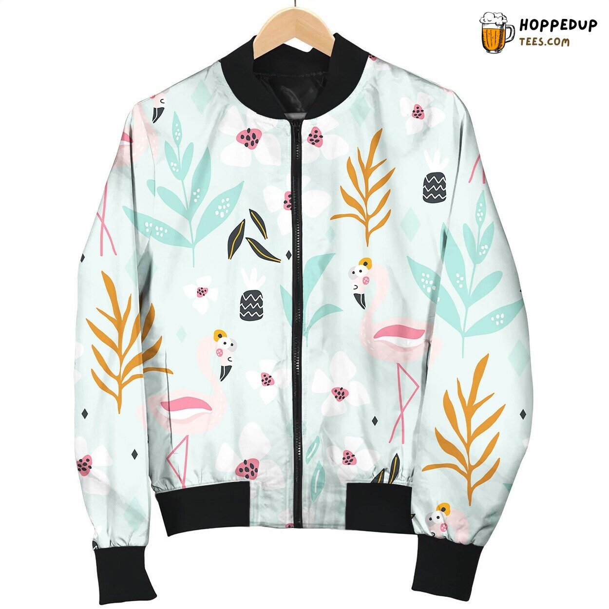 Seamless Tropical Pattern With Flamingos Flowers Bomber Jacket