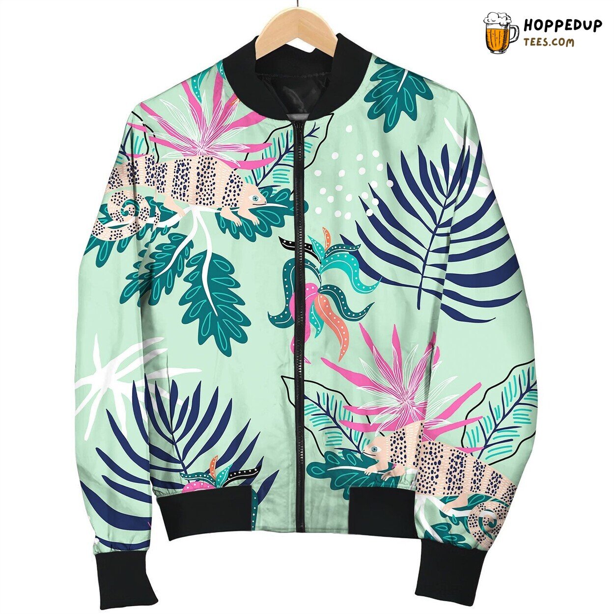 Seamless Tropical Pattern With Iguanas On Leaves Bomber Jacket