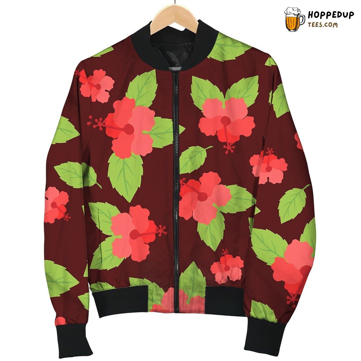 Seamless Tropical Pattern With Stylized Hibiscus Bomber Jacket