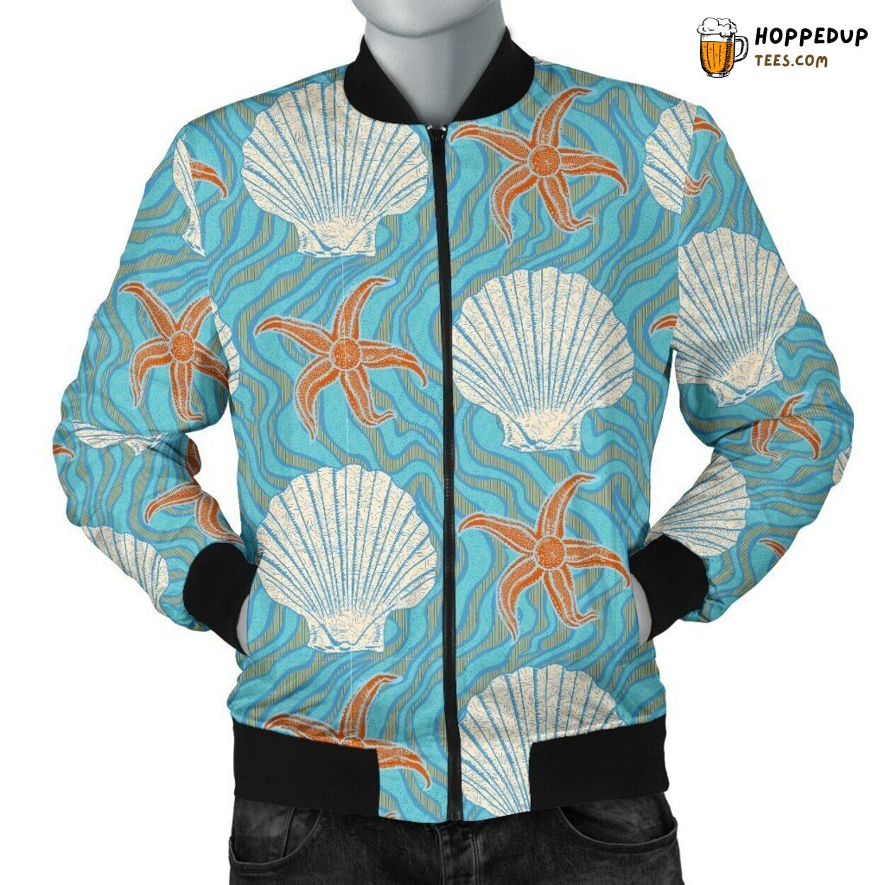 Seashell Starfish Ocean Men’s Bomber Jacket Marine Artistic Design Elegance