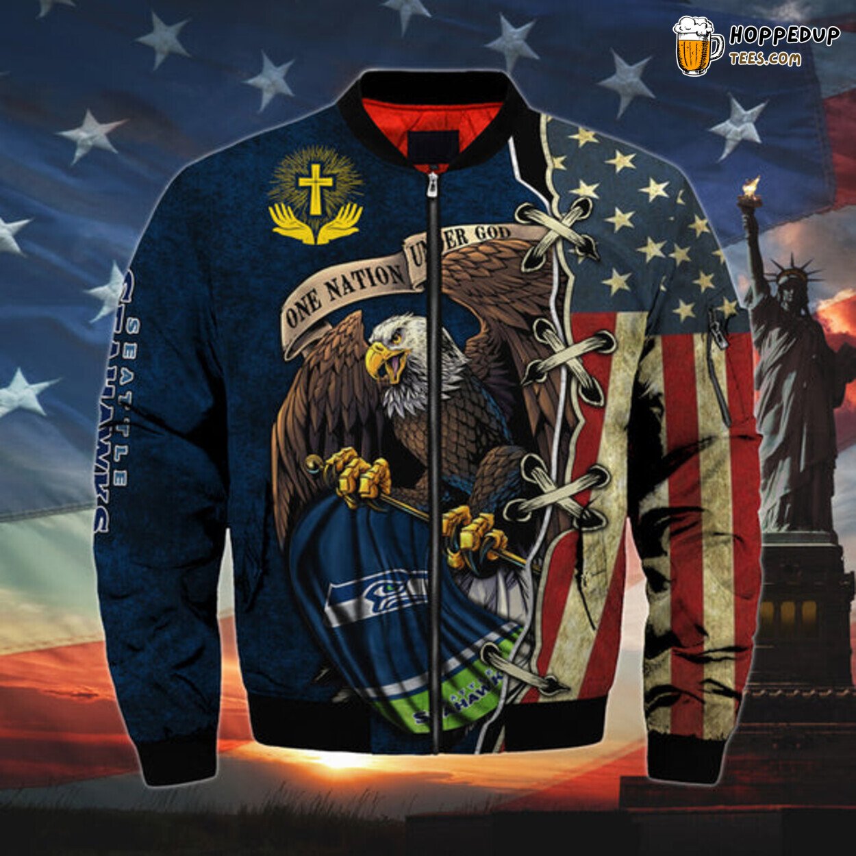 Seattle Seahawks Men Bomber Jacket One Nation Under God Series Edition Look