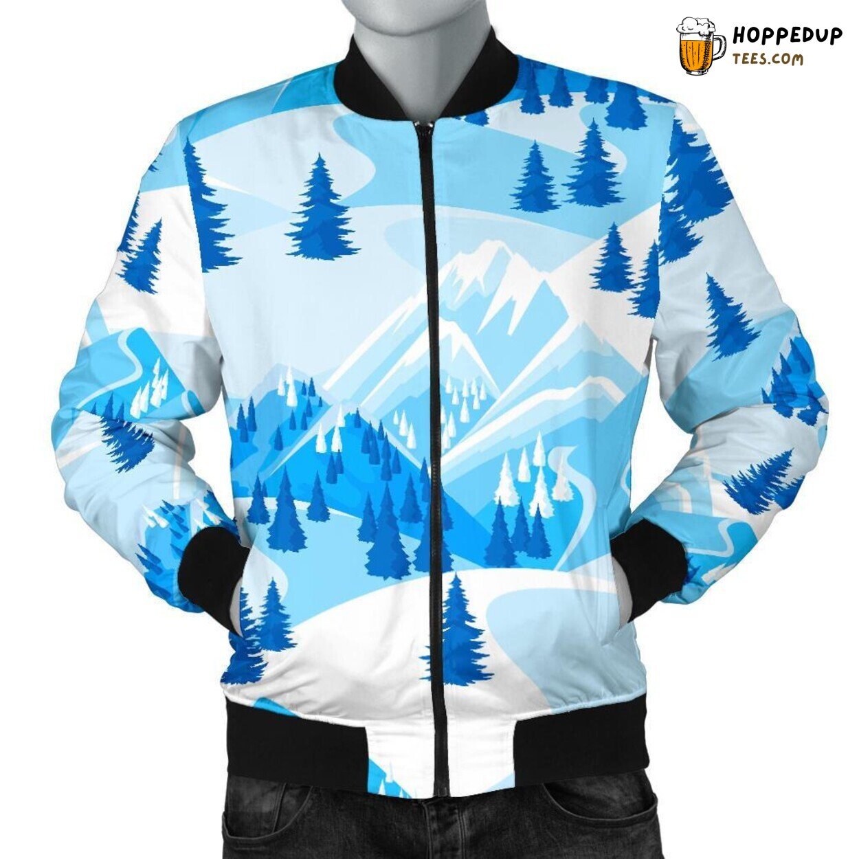 Serene Snow Covered Mountain Men’s Bomber Jacket Distinct Pattern Showcase