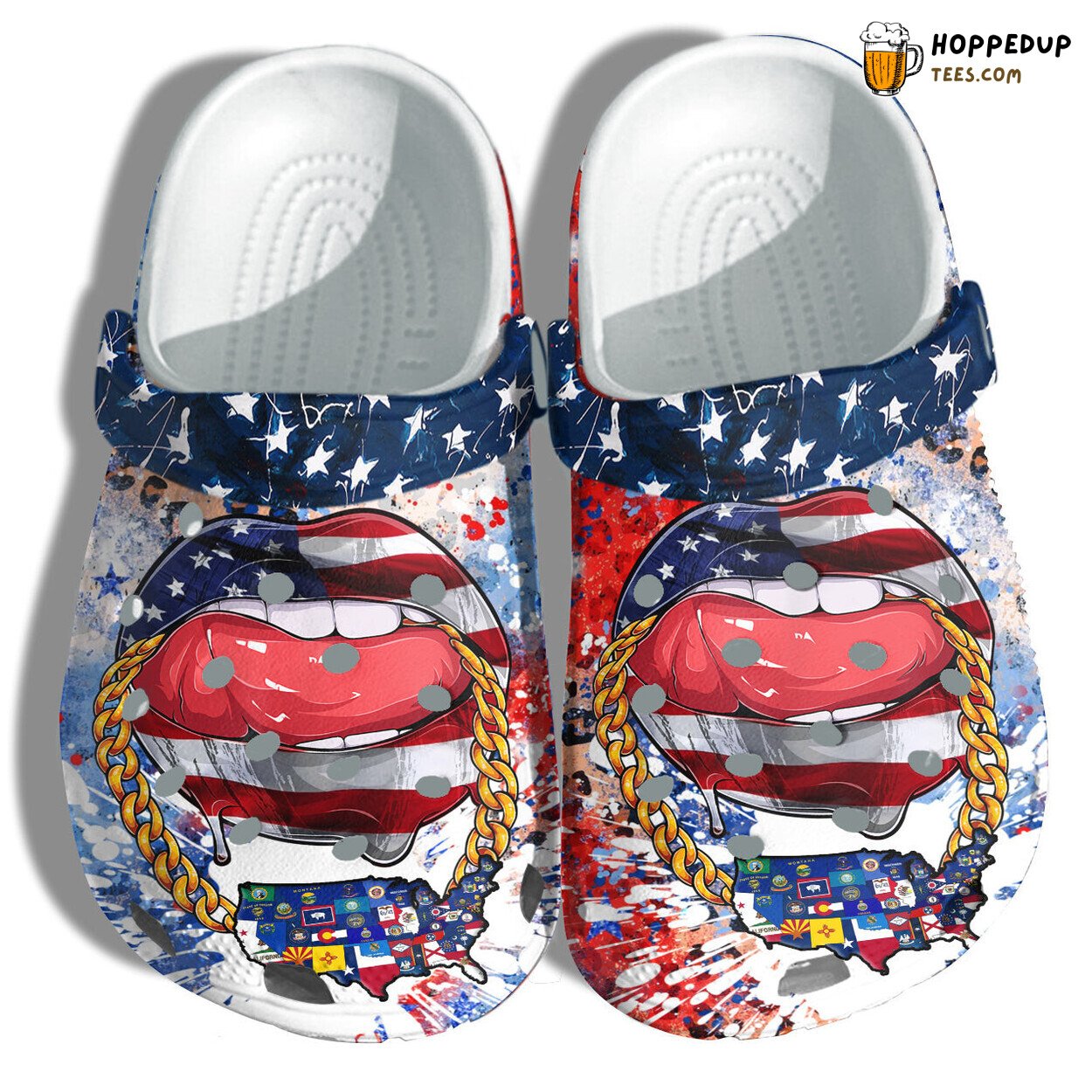 Sexy Lips Tongue Chains States 4th July USA Flag Comfortable Clogs