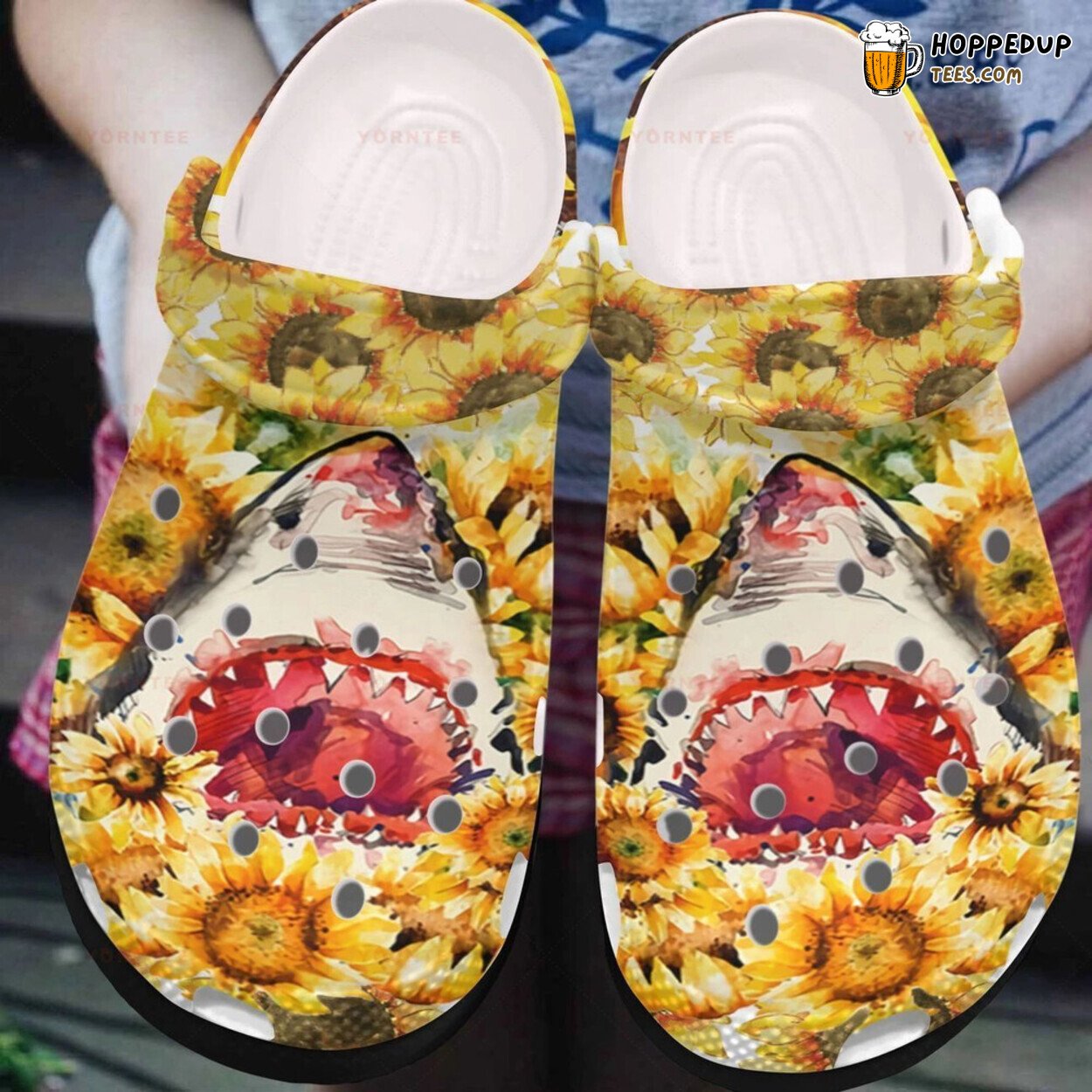 Shark Watercolor Sunflower Themed Rubber Clog Shoes Comfy Ocean Lover Gift