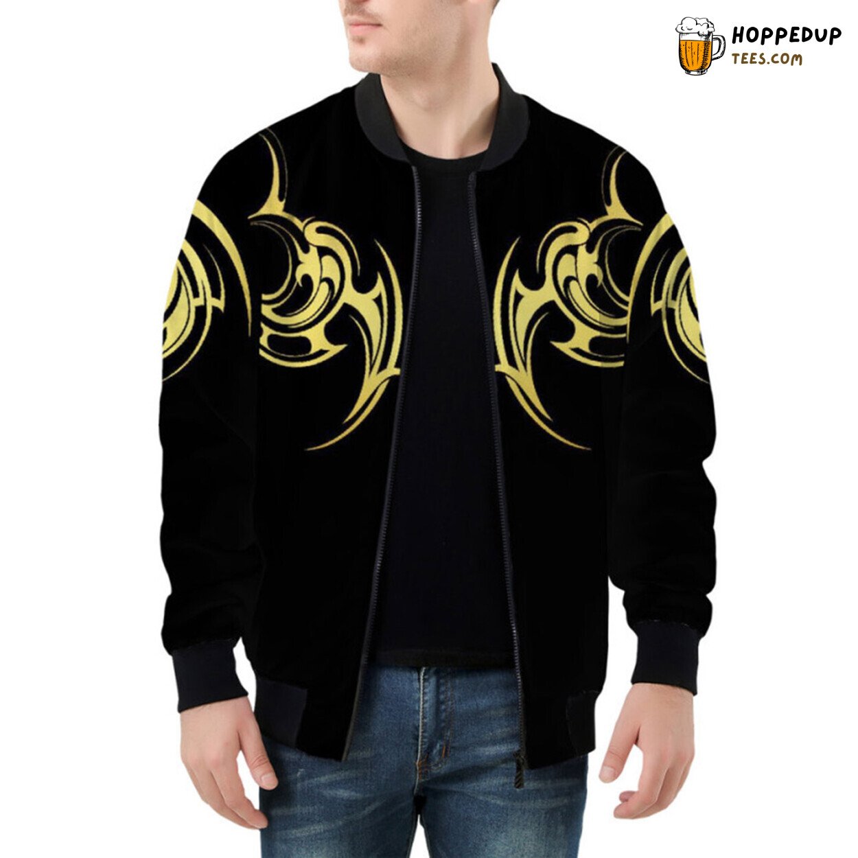 Shimmering Display of Gold Tribal Tattoo Patterns Bomber Jacket