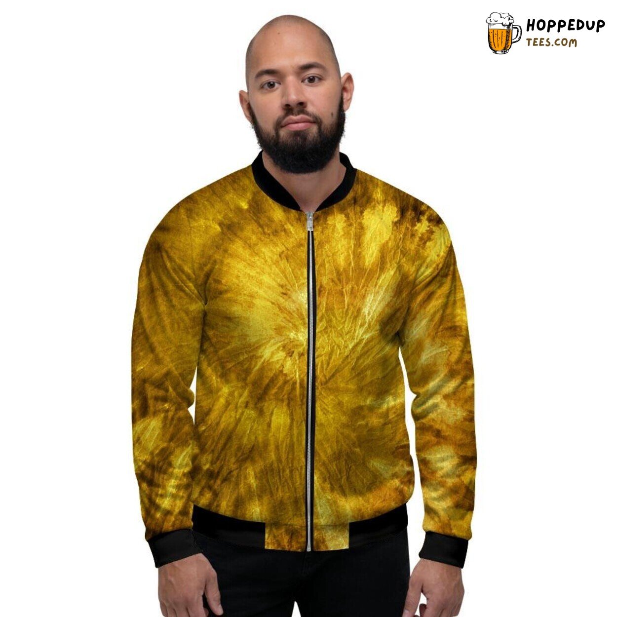 Shimmering Gold Tie Dye Pattern Men’s Bomber Jacket Radiant Artistic Display