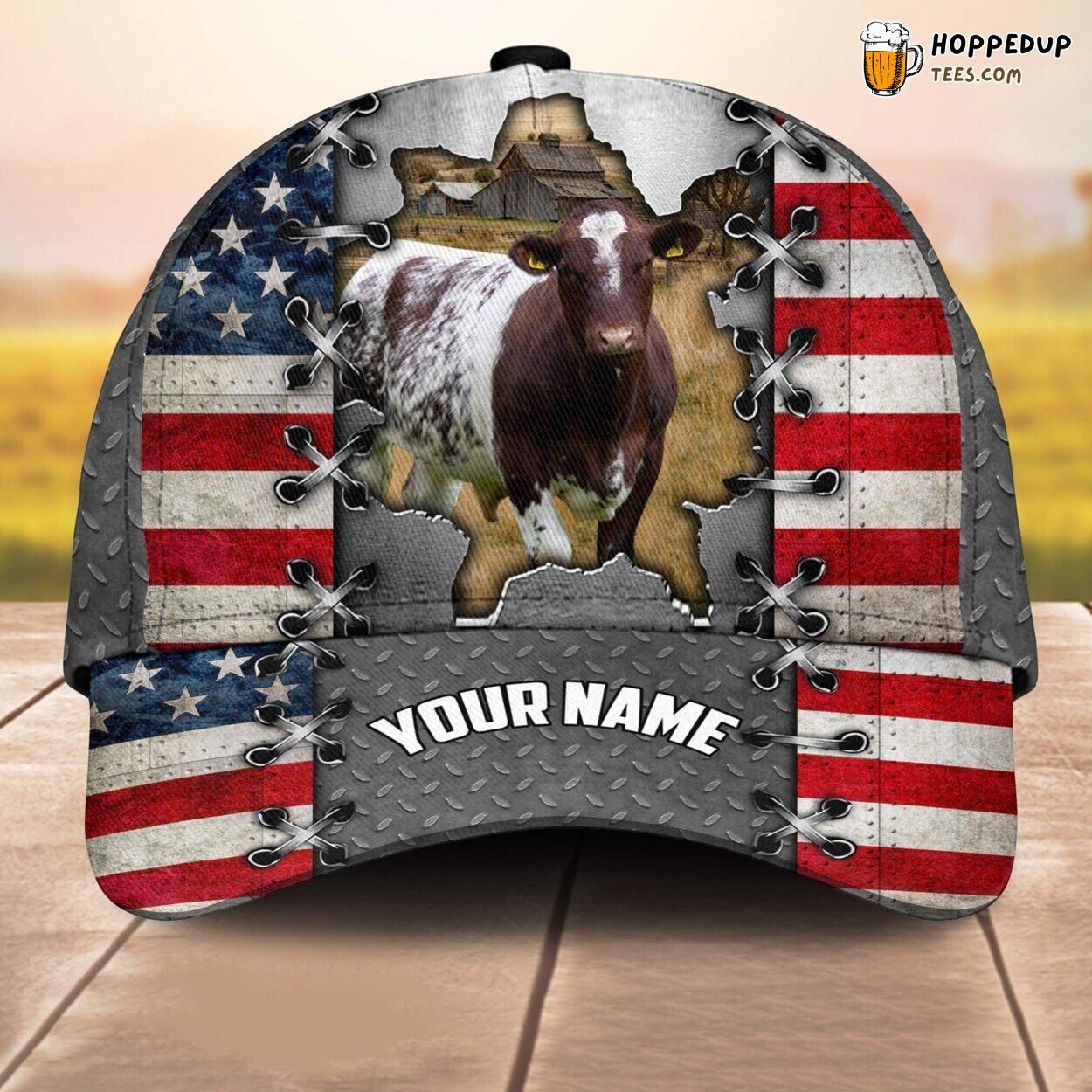 Shorthorn US Flag Name 3D Cap Baseball Design Farm Lovers Leather Animal Print