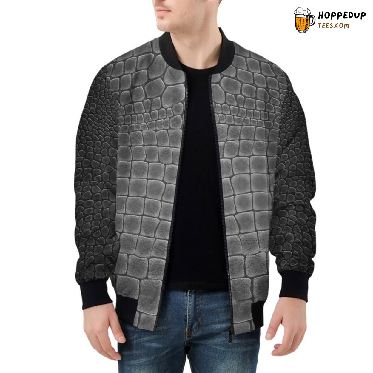 Silvery Alligator Skin Pattern Embroidery on Premium Bomber Jacket
