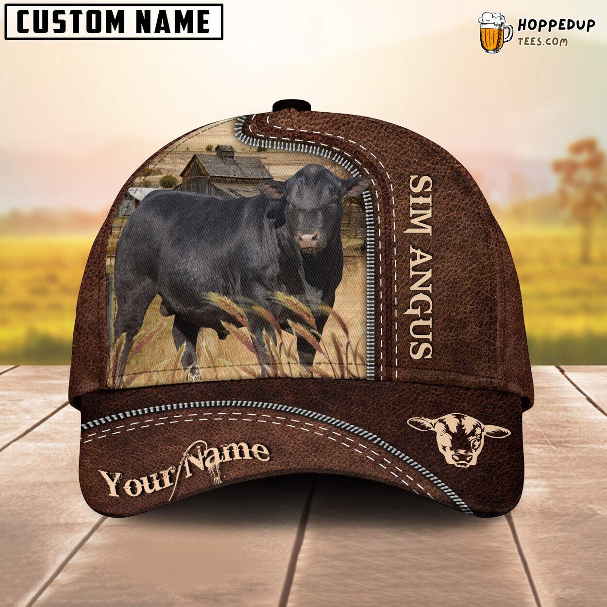 Sim Angus Leather 3D Cap Animal Print Farm Lovers Baseball Style
