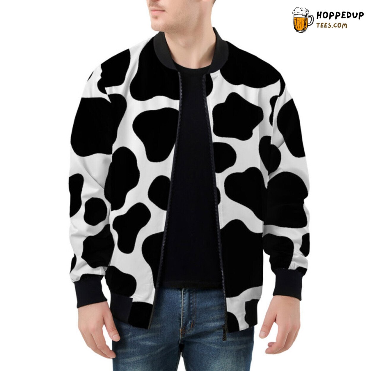 Simplistic Yet Timeless Cow Pattern Artistry on Bomber Jacket