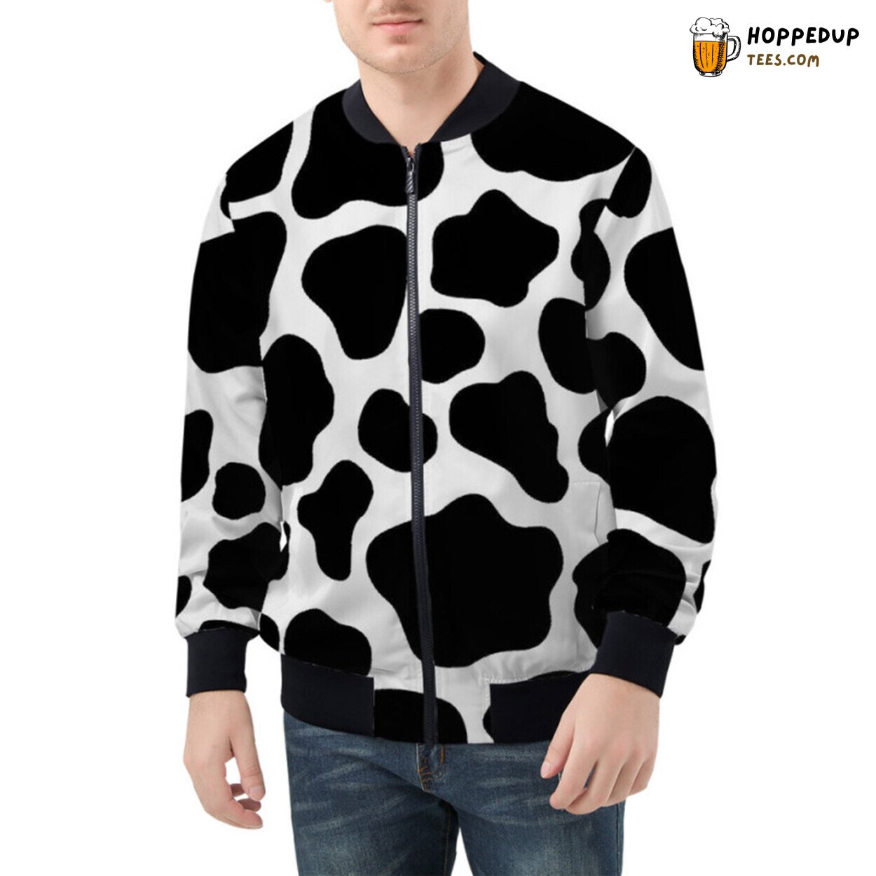 Simplistic Yet Timeless Cow Pattern Artistry on Bomber Jacket