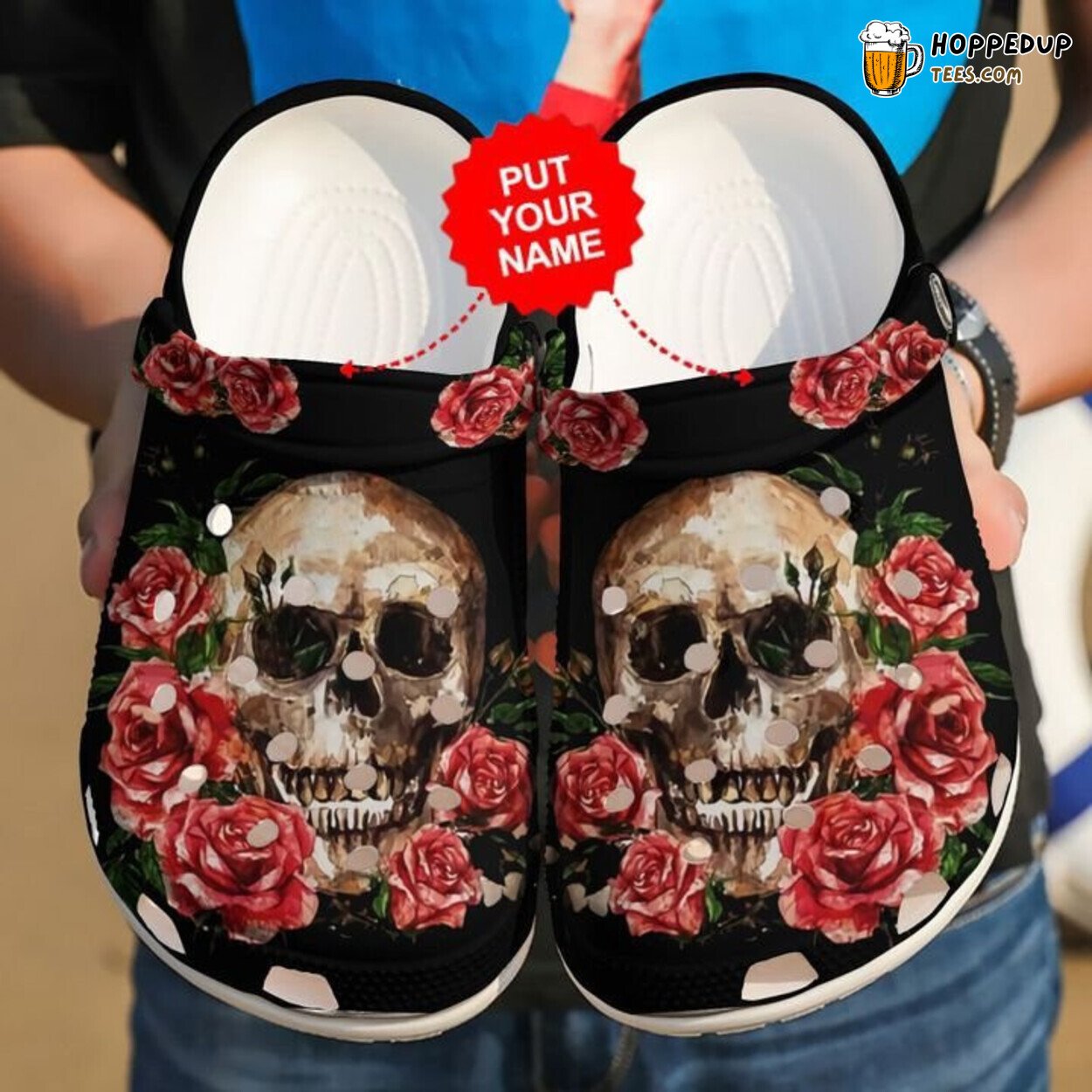 Skull And Red Floral Theme Comfortable Clogs Artistic Inspired Design