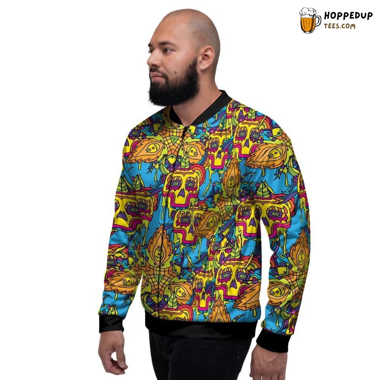 Skull Art in Psychedelic Trippy Design Men’s Bomber Jacket Vibrant Goth Look