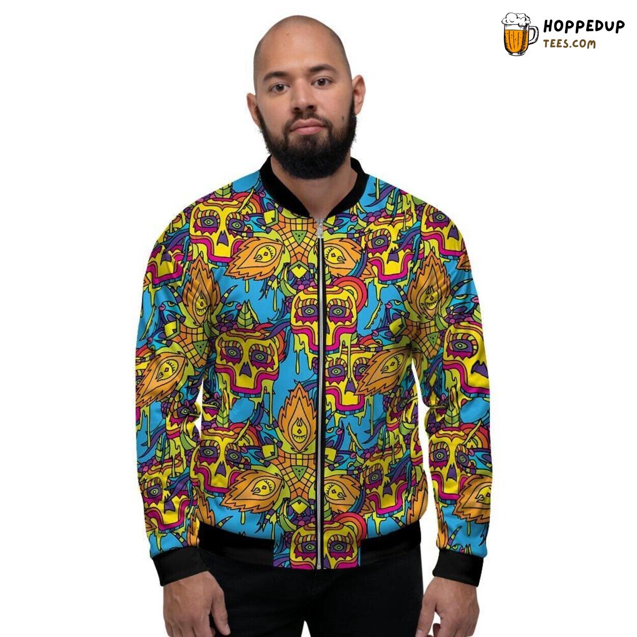 Skull Art in Psychedelic Trippy Design Men’s Bomber Jacket Vibrant Goth Look